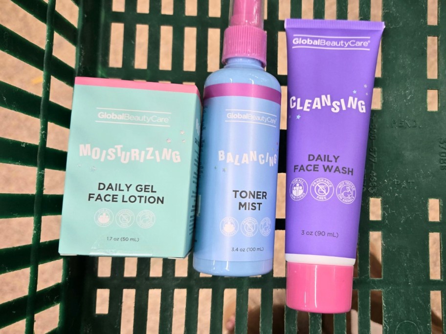 various skincare items in a shopping cart
