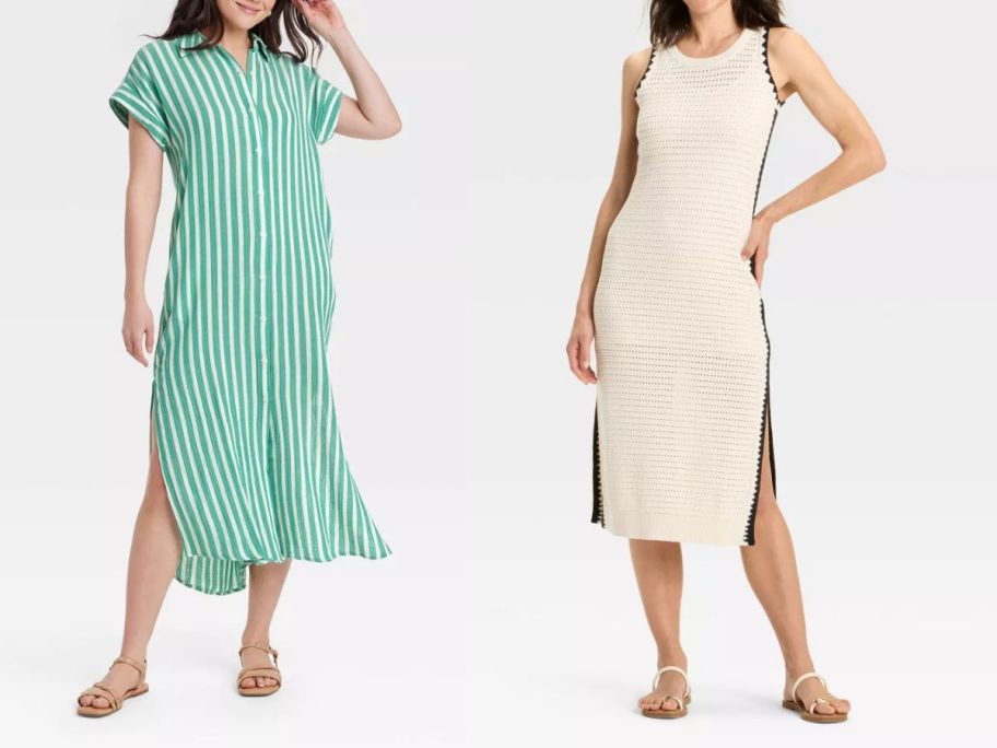 two women wearig universal thread dresses in green and white striped and beige with a black stripe along the sides