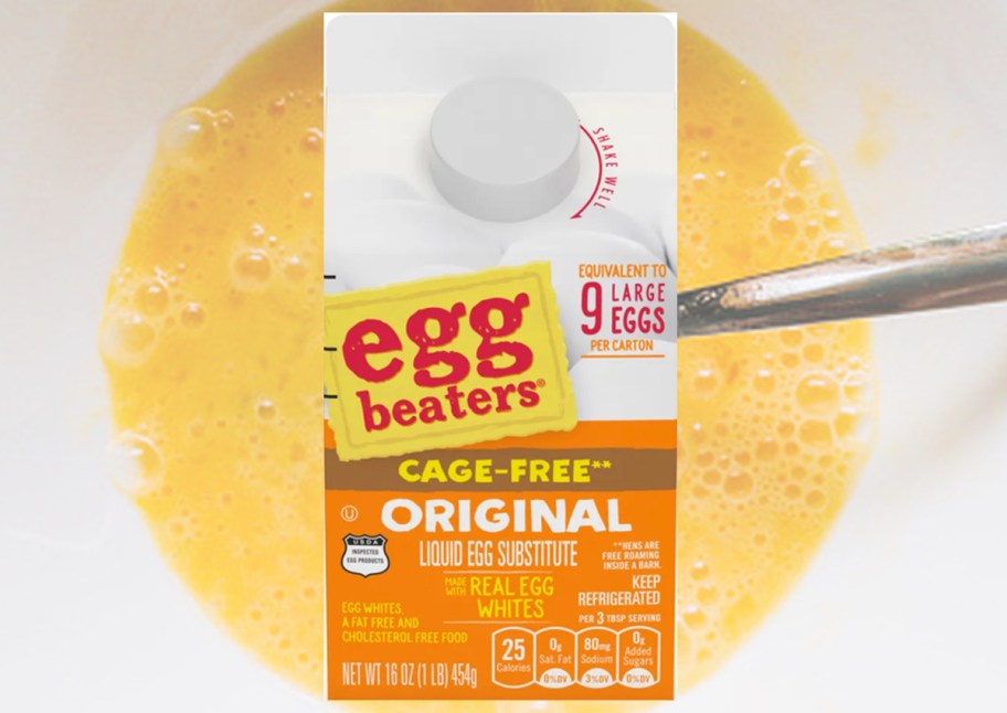 egg beaters carton in front of liquid eggs