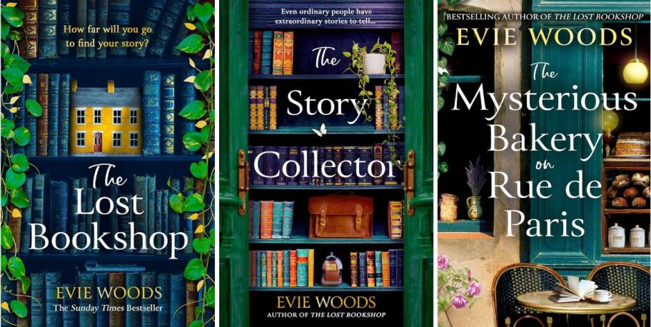 3 book covers from evie woods stock image
