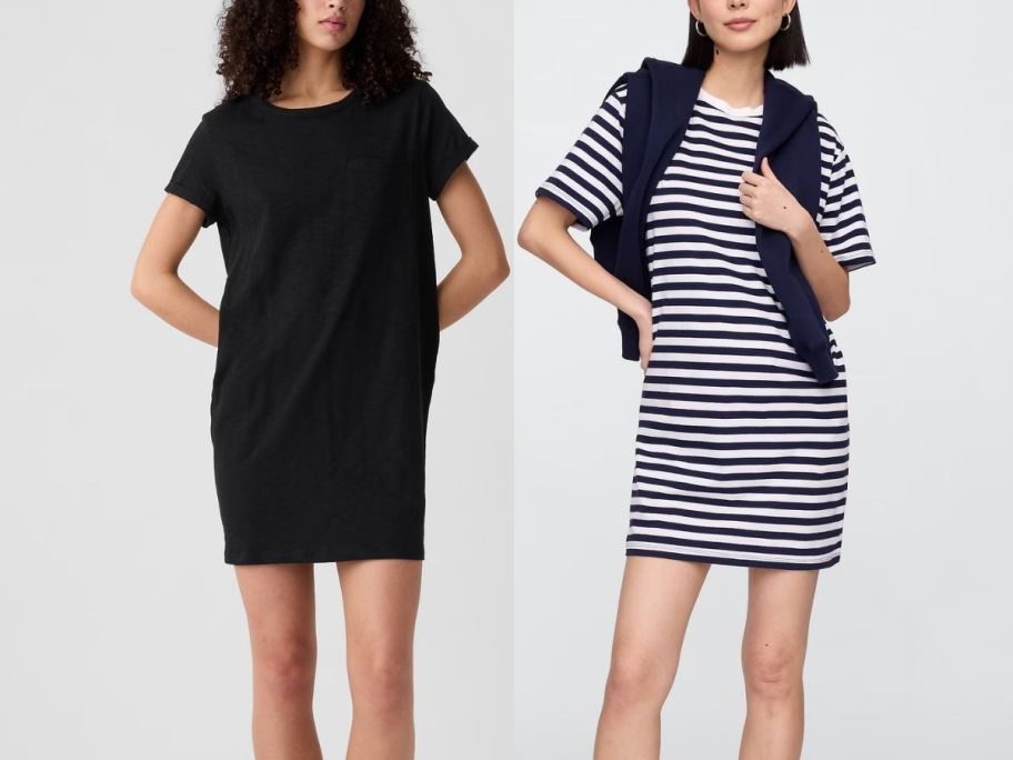two women in t shirt dresses