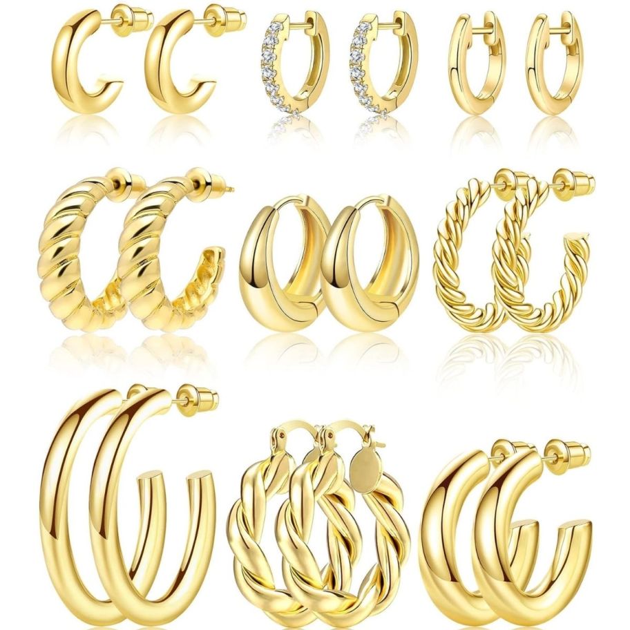 9 pair of gold hoop earrings