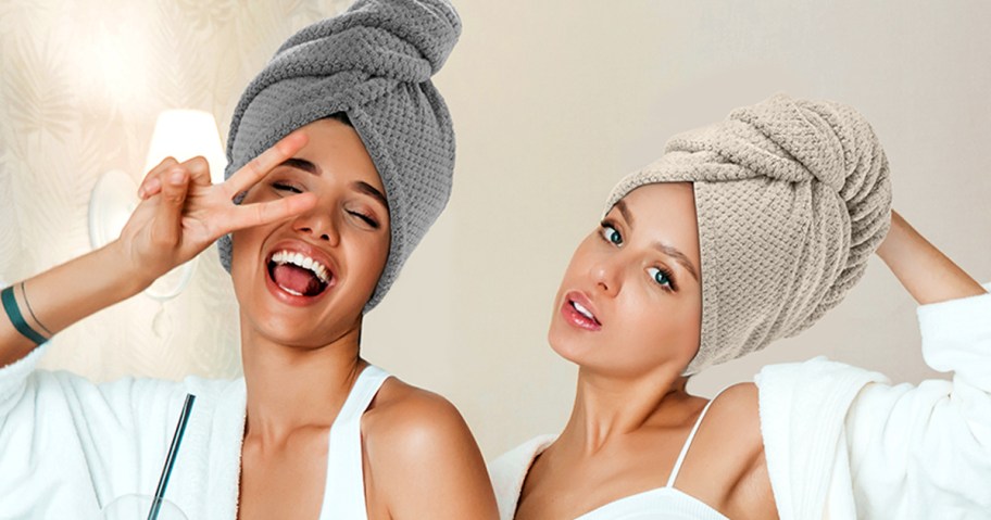 women wearing hair towels and bath robes