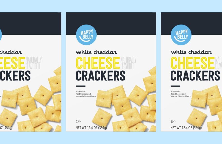 three boxes of white belly cheddar cheese crackers