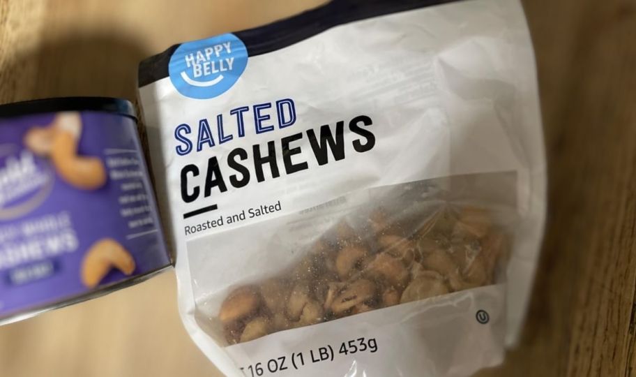 happy belly salted cashews bag on a kitchen counter