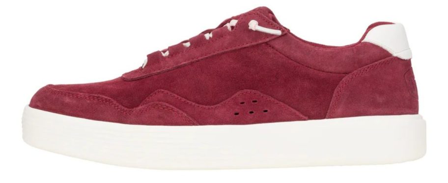 red and white HEYDUDE Men's Hudson Suede Vintage Varsity Shoe stock image