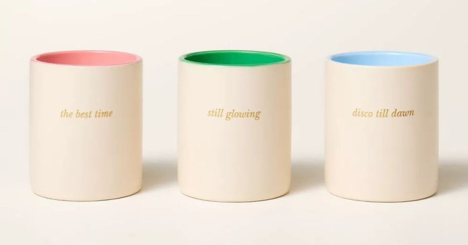 a pink, green, and blue kate spade new tork x Target 3-Piece Ceramic Jar Candle Gift Set