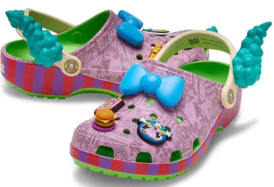 a pair of Krusty the clown crocs clogs