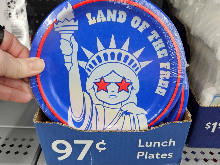 land of the free plates on shelf in store 