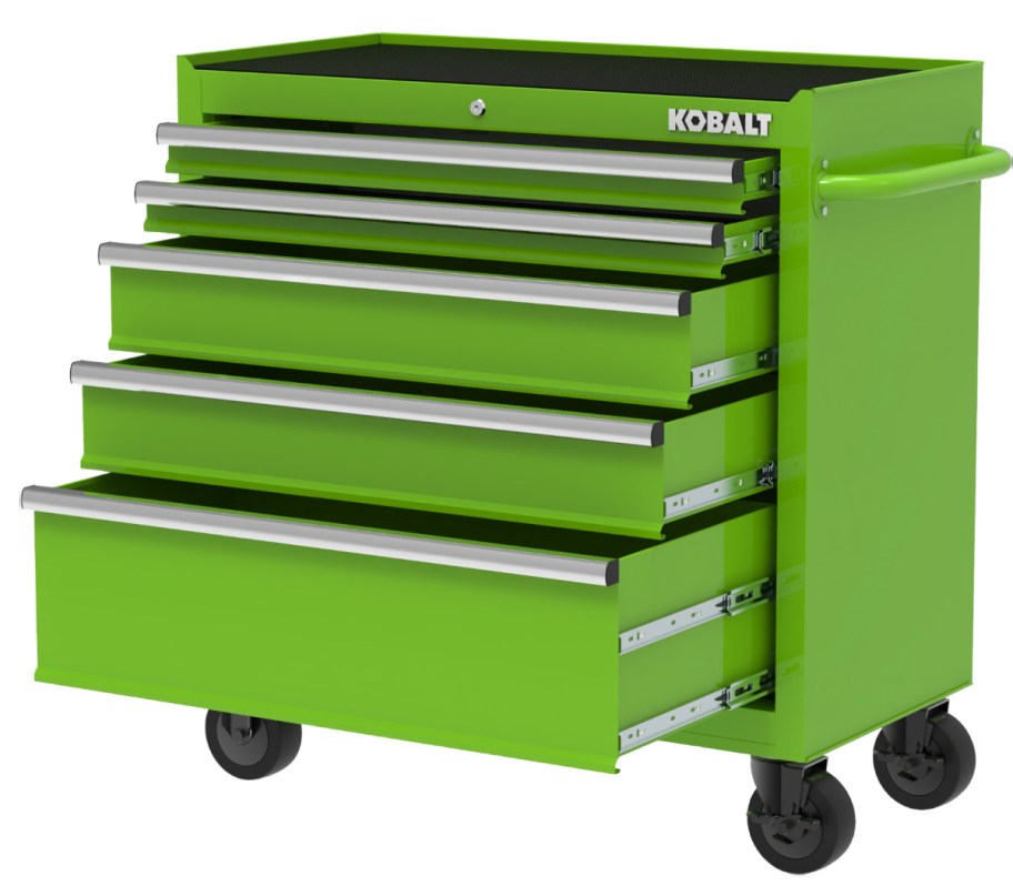 green toolbox on wheels with 6 drawers open