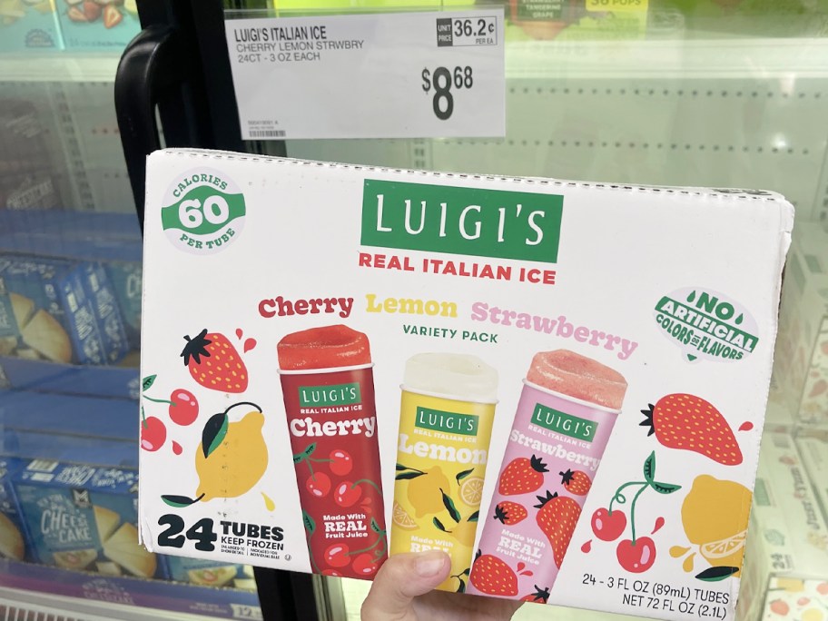 hand holding box of luigis italian ice tubes