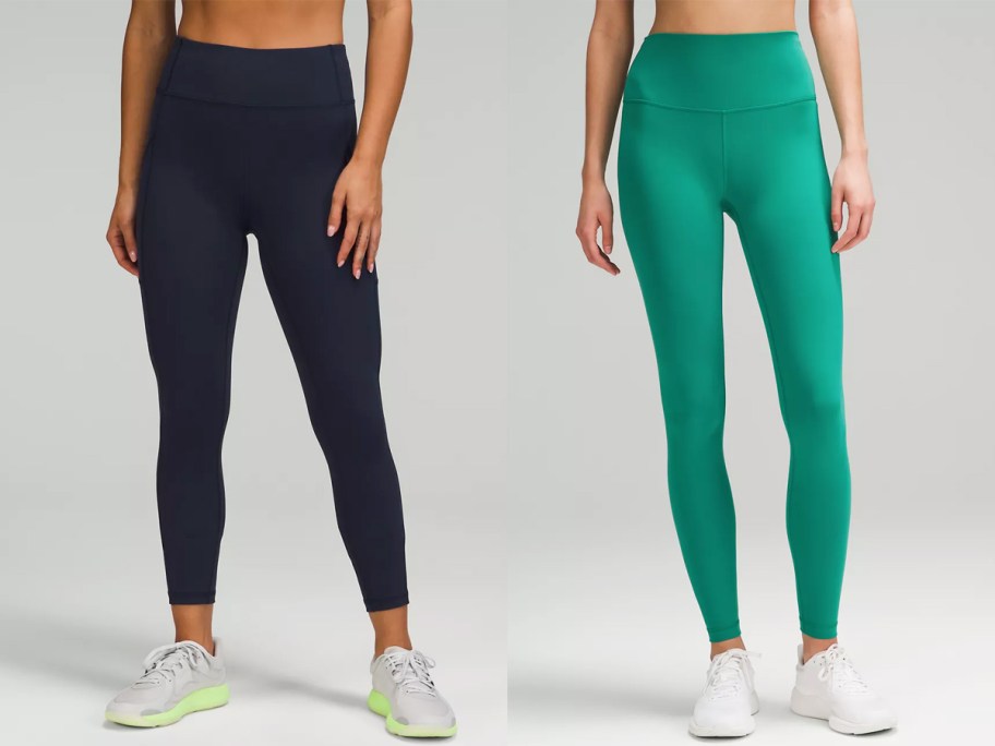 two women in navy blue and green leggings
