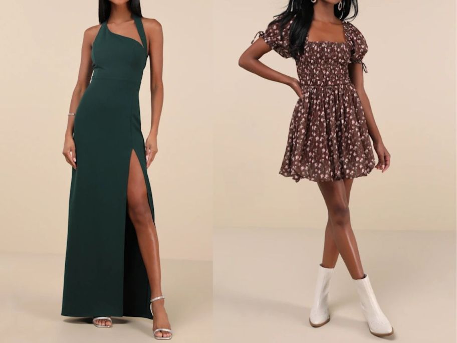 two women wearing lulu's dresses in green and in a floral print