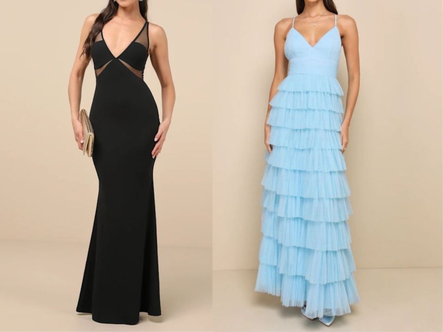 two women wearing lulu's dresses in black and blue