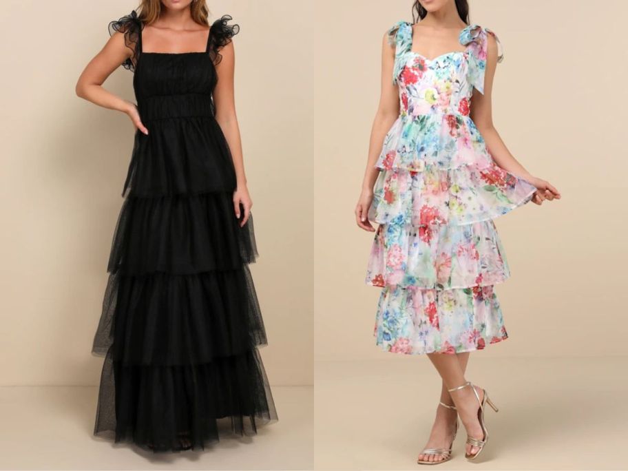 two women wearing a lulu's dress in black and in a blue floral print