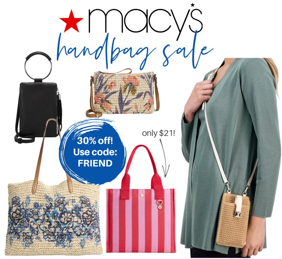 many floral and straw handbags in a collage