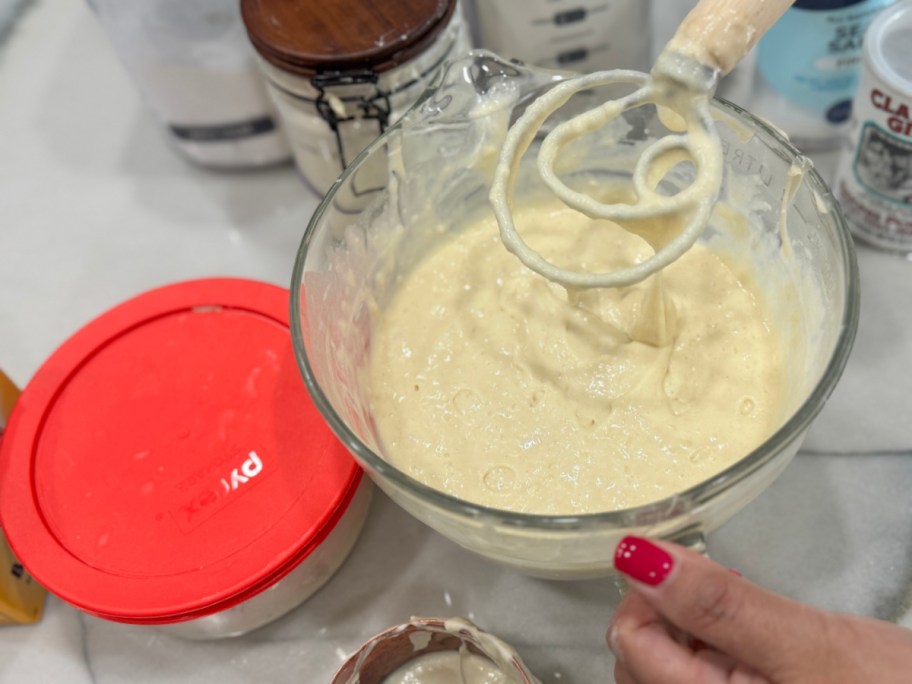mixing sourdough pancake batter 