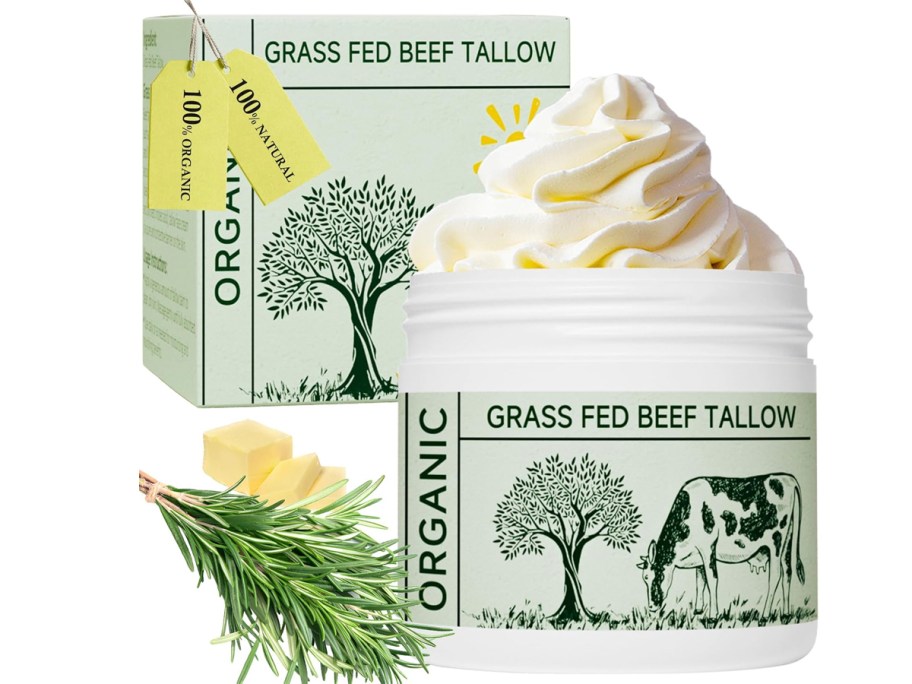 jar of beef tallow with lid off and box behind it 
