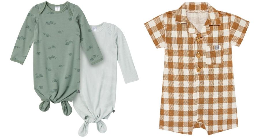 Modern Moments by Gerber Baby green and white gowns and a brown plaid romper