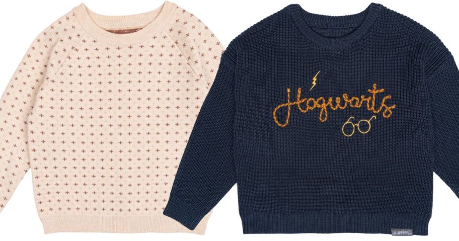 Modern Moments cream colored sweater with dots on it and a blue hogwarts sweater