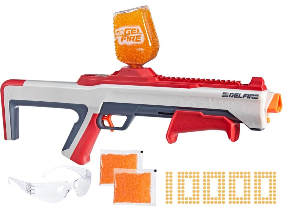 white, grey, and red gel blaster, gels, and glasses
