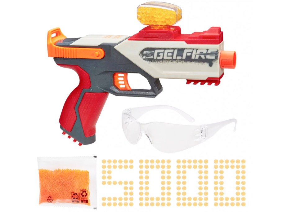 nerf blaster, glasses, and gels 