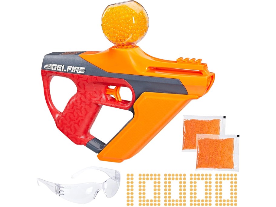 red and grey nerf blaster, gels and glasses 