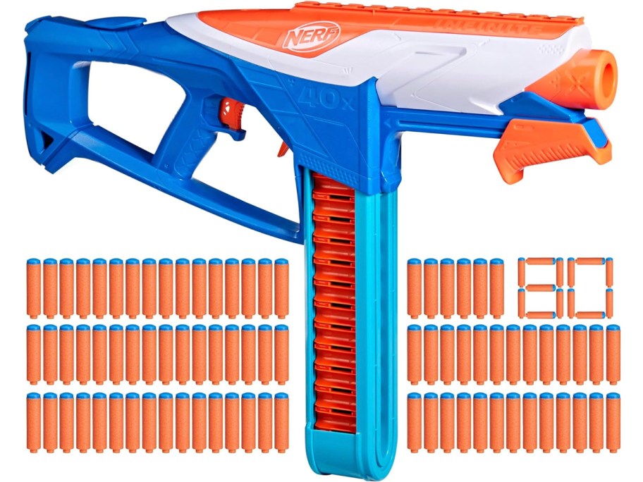 blue and white nerf blaster with bullets 