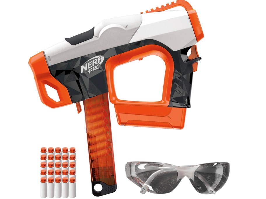 nerf blaster, gels and glasses