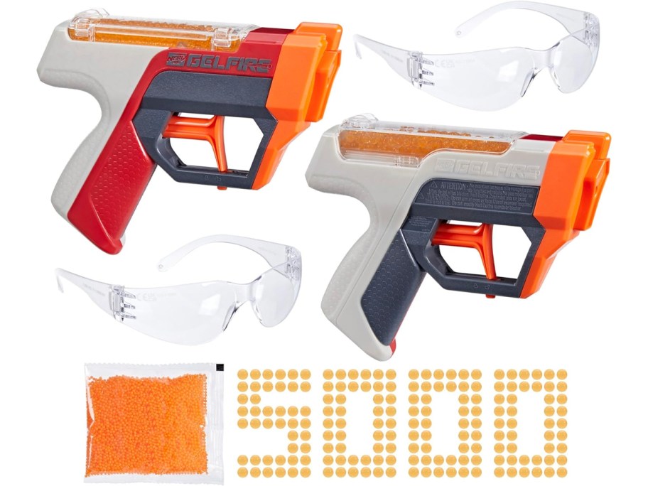two gel blasters with glasses and gels
