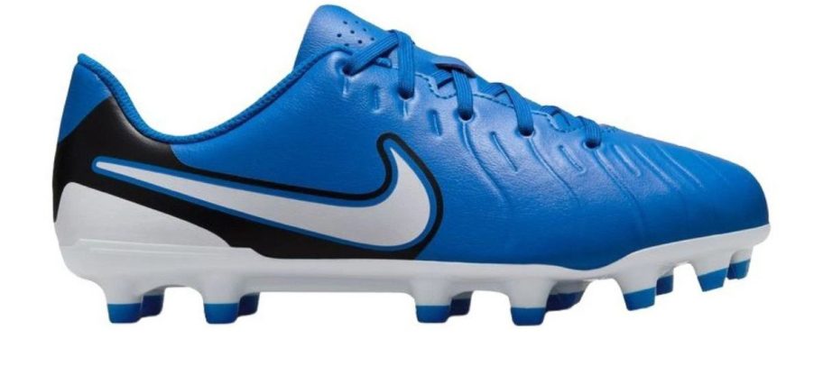 blue and white Nike Big Kids Jr. Tiempo Legend 10 Club Molded Soccer Cleat stock image