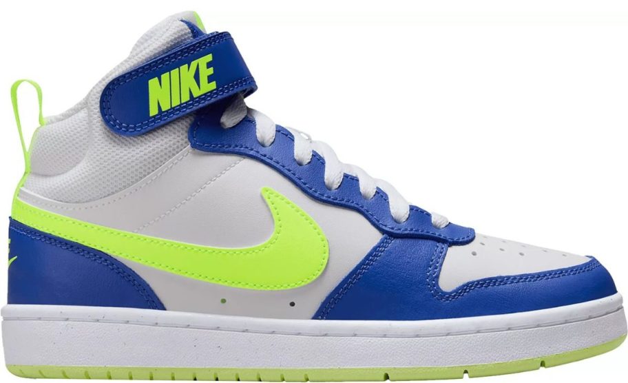 blue, white, and yellow Nike Kids' Grade School Court Borough Mid 2 Shoe stock image