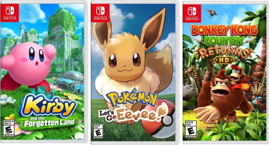 nintendo switch kirby, pokemon, and donkey kong games 