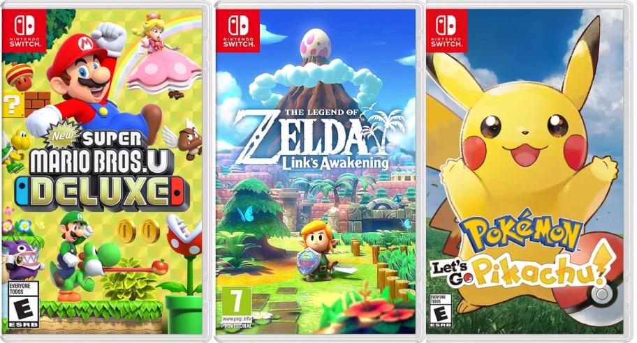 super mario, zelda, and pikachu switch games 