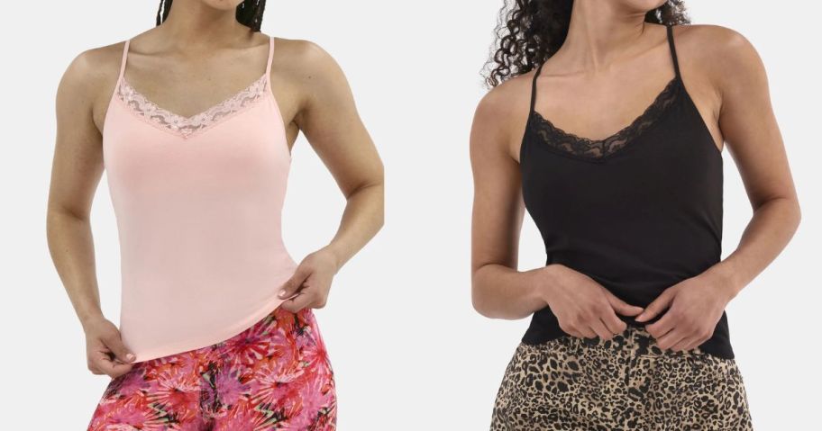 two women wearing No Boundaries Lace Trim Camis in pink and black