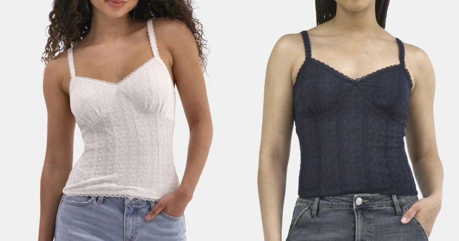 two women wearing No Boundaries Women's Lace Trim Cami Tops in white and black