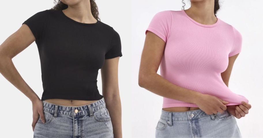 two women wearing No Boundaries Women's Seamless Crop Tops in black and pink