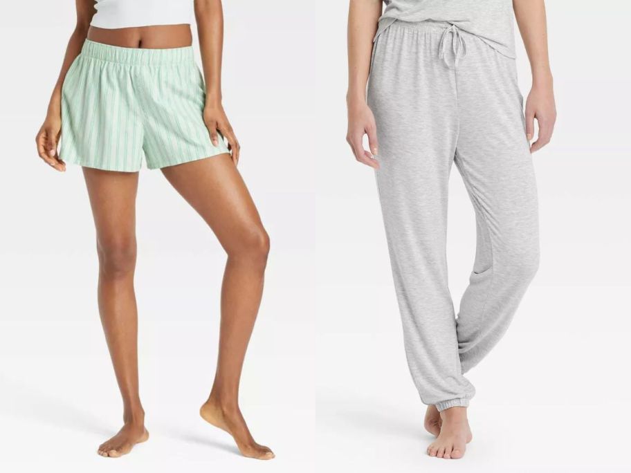 two women wearing target green shorts and grey pants