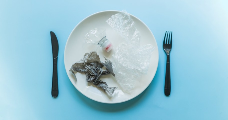 dinner plate with plastic on plate
