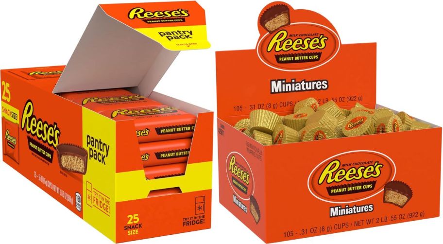 a box of 25 count snack size reeses and an box of miniatures