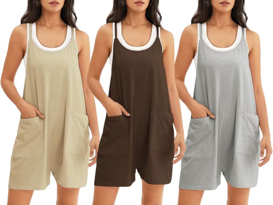 three women wearing a beige, brown, and grey romper