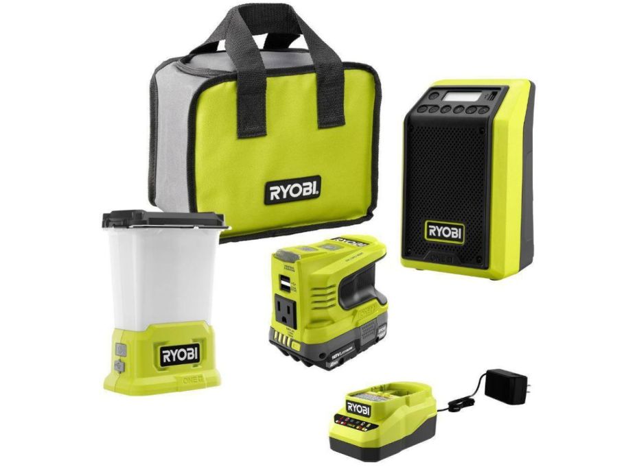 yellow and black RYOBI ONE+ 18V Cordless 3-Tool Storm Combo Kit stock image