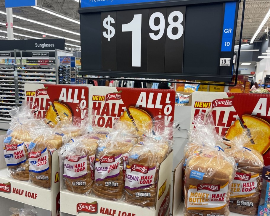 half bread loaves in store under price sign