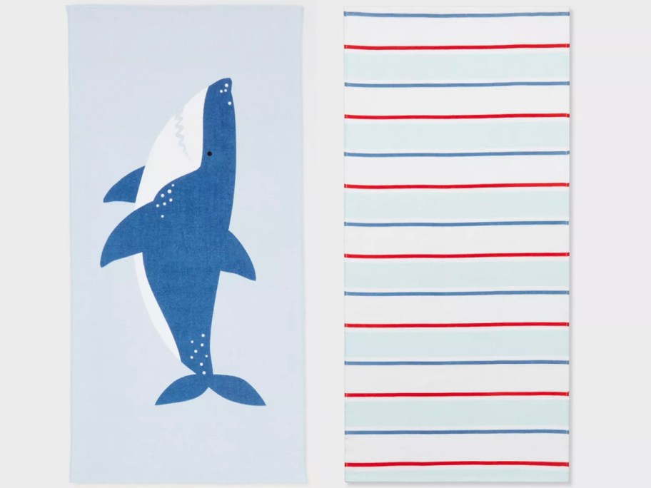 shark and blue and red striped beach towels 