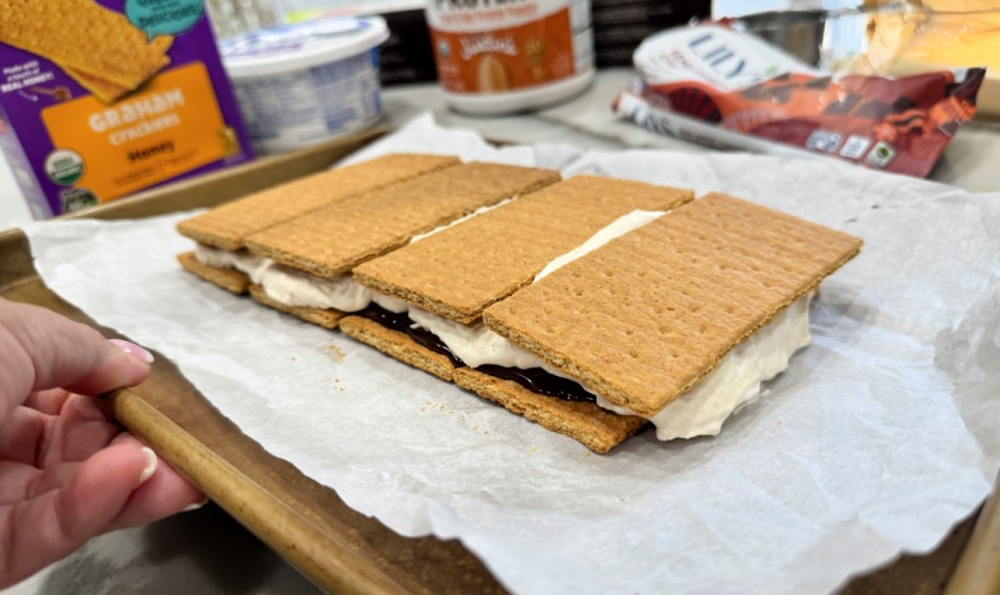 sheet pan with batch of frozen protein smores 