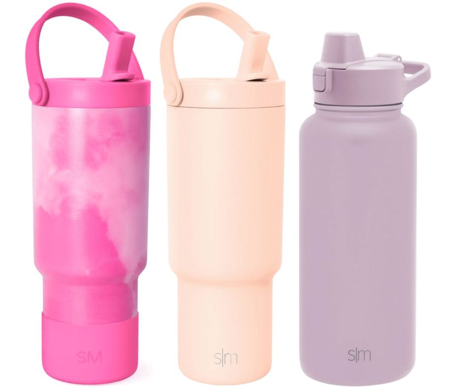 three simple modern water bottles in assorted colors