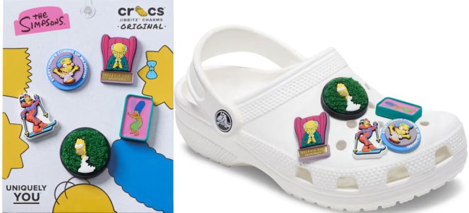 simpsons crocs jibbitz on a shoe and on a card