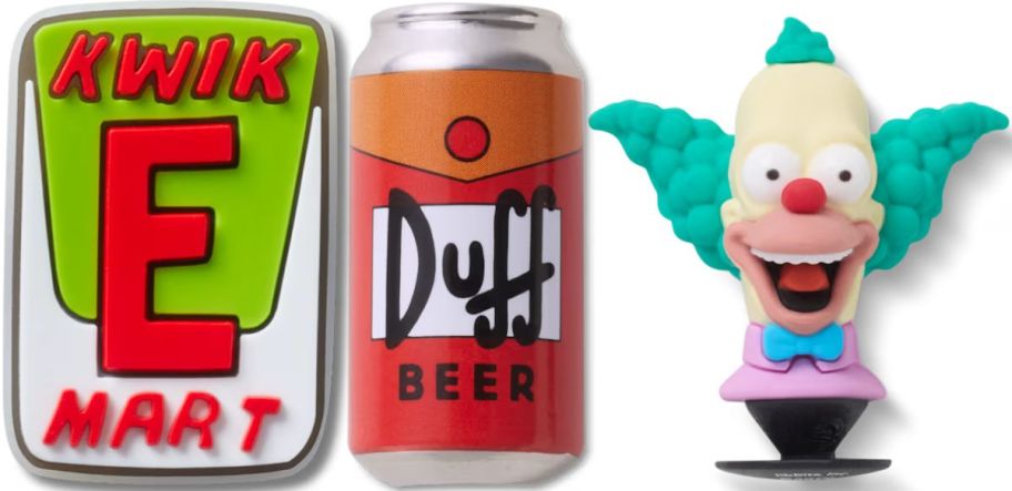 simpsons crocs jibbitz as kwik e mart sign, duff beer can, and Krusty the Clown figure