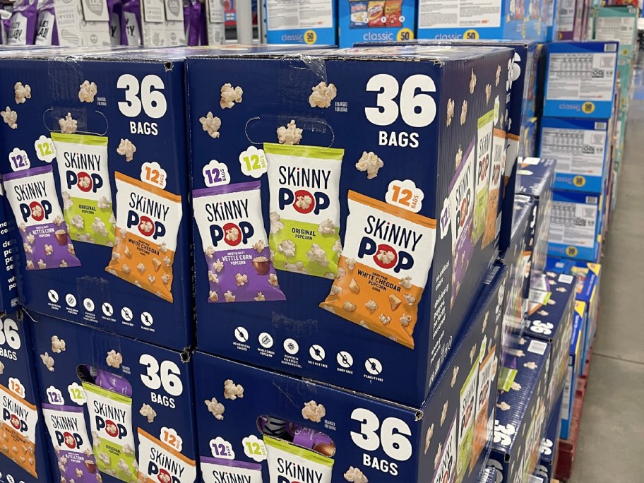 skinny pop popcorn boxes stacked at store