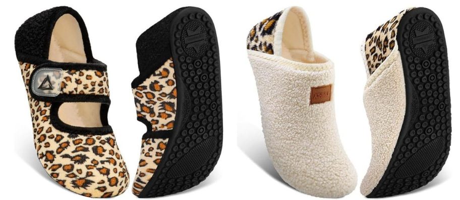two ATHMILE House Slipper stock images with animal prints on them